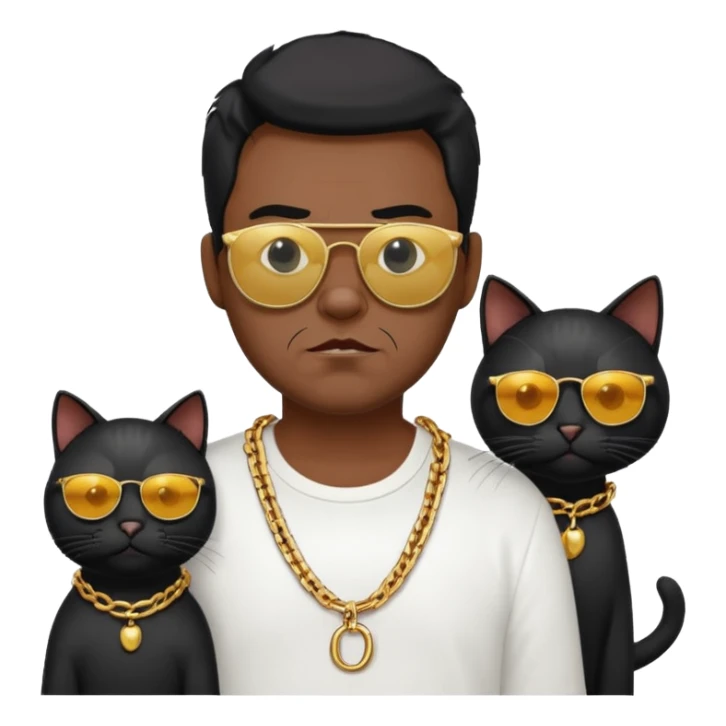 Freaky Larry is a cat with a gold chain and sunglasses standing behind a scared man with no facial hair. Make sure the cat is black sticker