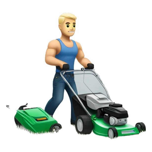 A muscular white man with tattoos cutting grass with a lawn mower sticker