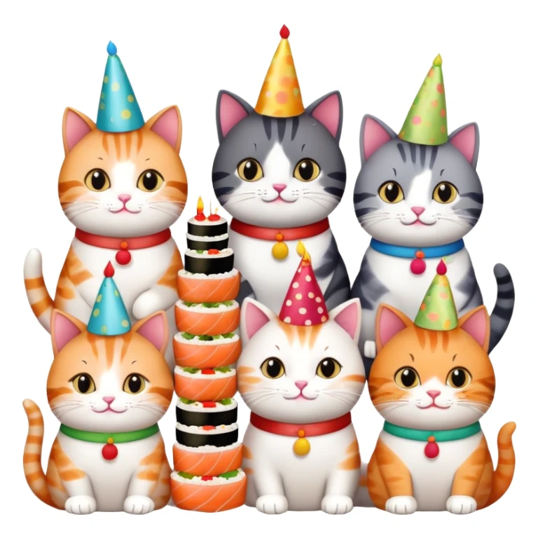 exactly six individual cats in a row celebrating one cat's birthday, each cat clearly visible and holding a piece of sushi, birthday cake in center, all six cats with party hats sticker