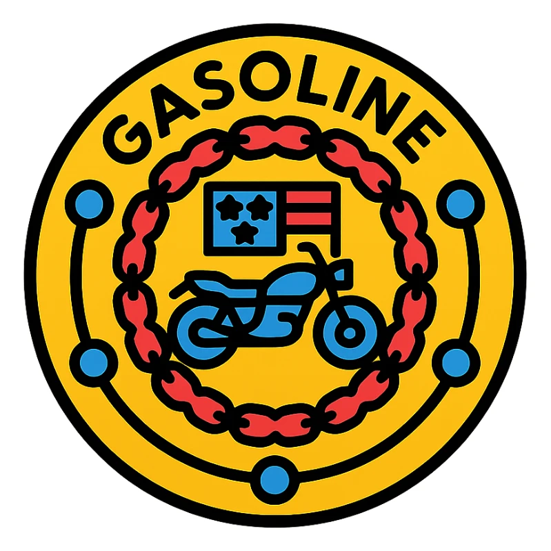 circular motorcycle gas cap design, transparent background, text 'GASOLINE', motif: motorcycle, chain, American flag, USA style sticker