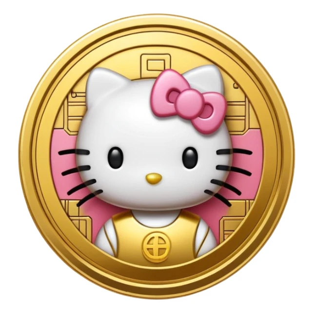 Hello Kitty styled as a cryptocurrency coin, shiny gold and digital circuit patterns, cute emoji style sticker
