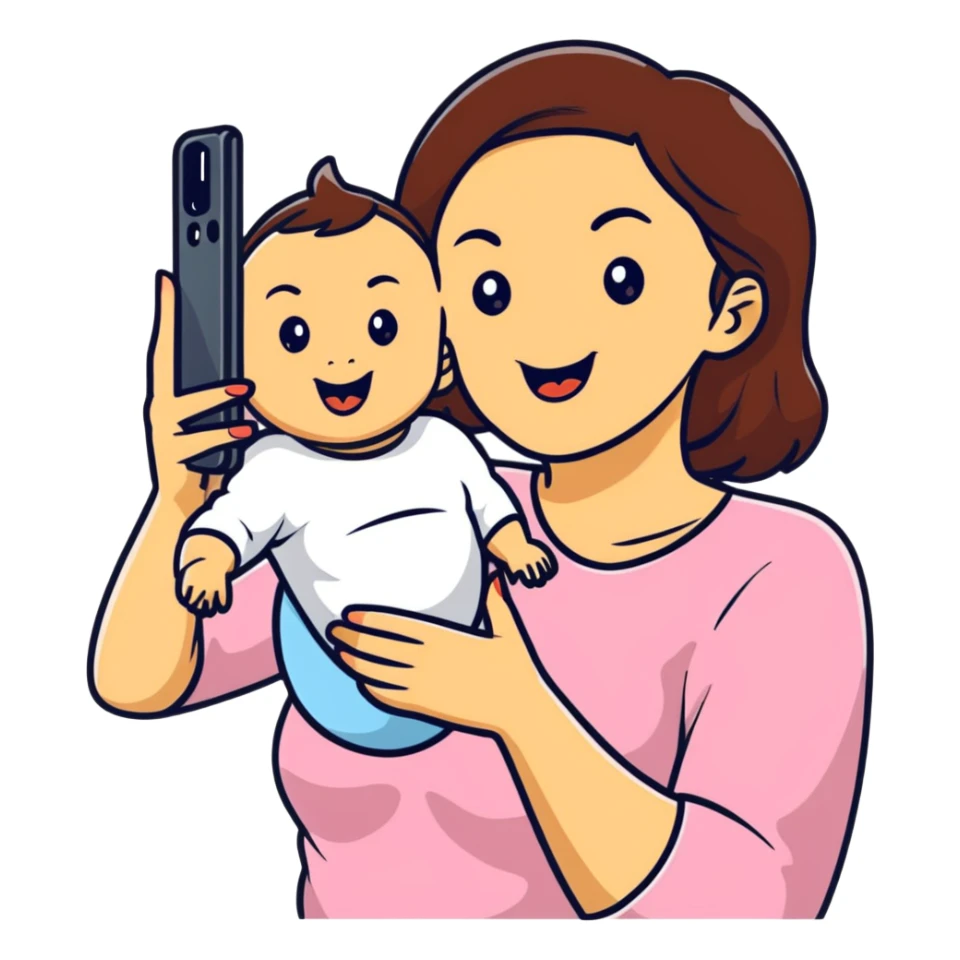 mom and baby making funny faces taking selfie together sticker