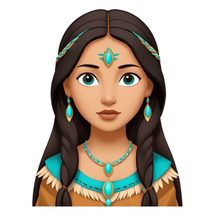 Cinematic Elegant Pocahontas Portrait Emoji, rendered in a realistic, vector-style with minimal shading and bold, simplified shapes. Depict Pocahontas (chest and above) with warm, sun-kissed skin, long, flowing dark hair, and gentle, wise eyes, wearing traditional attire in earthy tones with hints of turquoise. The image glows with a soft, natural radiance and high shine, embodying timeless indigenous beauty. sticker