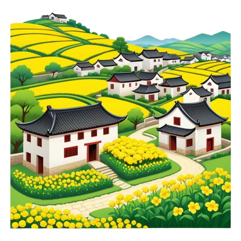 Wuyuan countryside spring flowers and traditional houses Jiangxi, simplified emoji style with bold outlines and bright colors, cartoon style rural village with yellow rapeseed flowers sticker