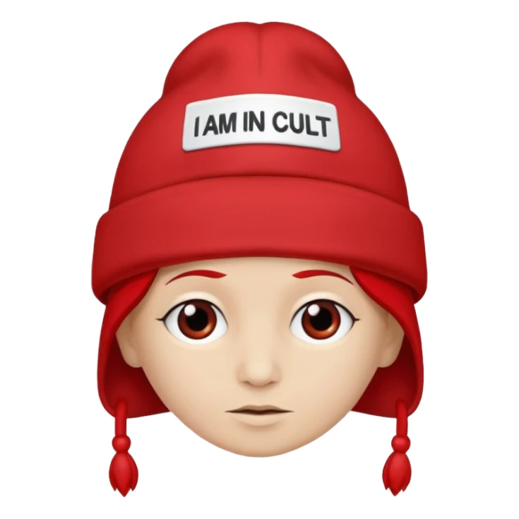 Red hat that says "I AM IN A CULT" in white text sticker