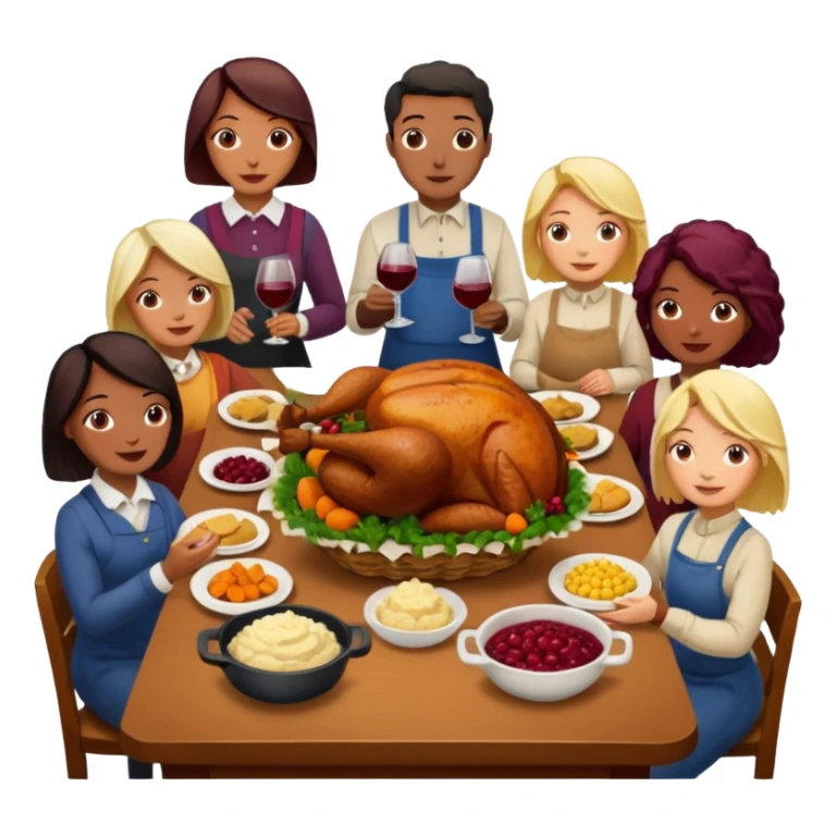 Thanksgiving Dinner with 10 people of different races around the table; have the food be a cooked turkey, mashed potatoes, corn, a basket of biscuits, a small bowl of cranberry sauce, baked yams, steamed vegetables, and a bottle of wine. sticker