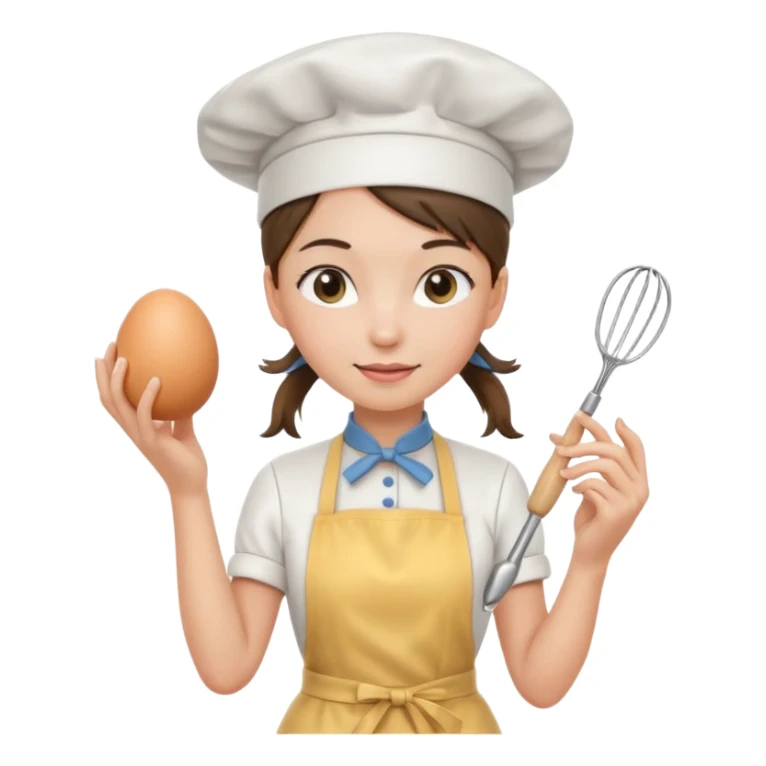 Young female pastry chef - ponytail, apron, wearing a white hat, holding an egg beater in her right hand
 sticker