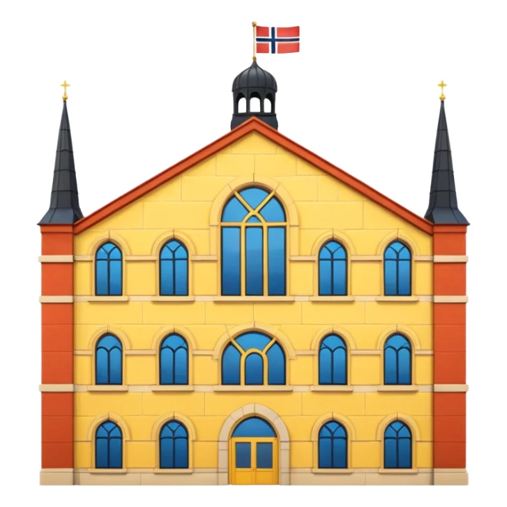 Norwegian Parliament building Stortinget, cartoonish, yellow brickwork, arched windows, Norwegian flag on top, emoji style sticker