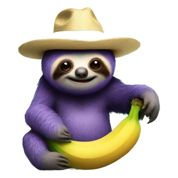 Purple sloth sitting on a banana tree wearing a bowler hat that is turquoise with an evil smile  sticker