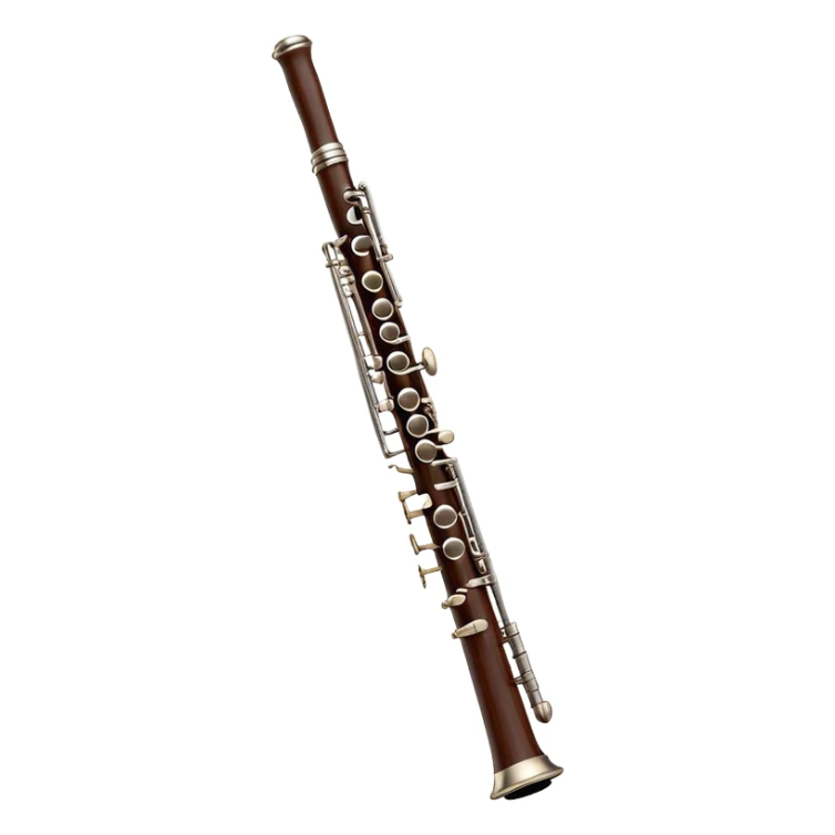 Cinematic Realistic Oboe, slender and elegant dark wood body, silver-plated keys catching soft highlights, delicate reed resting at the top, glowing with refined and classical beauty. sticker