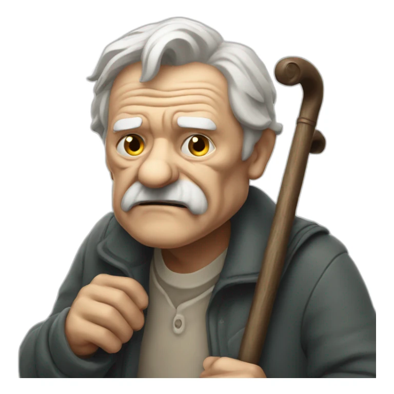 Old man leaning on a walking cane and holding his crancky back with his hand, grumpy face, detailed sticker