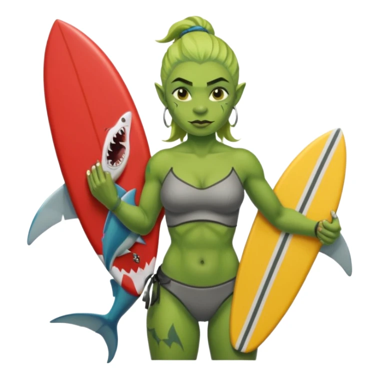 orc female holds a little surfboard with a shark painted vertically in his hands sticker