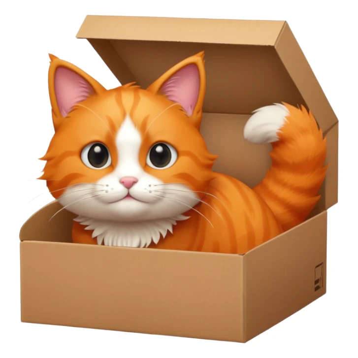 simple furry orange cat inside a box, half of upper body is sohwing up sticker