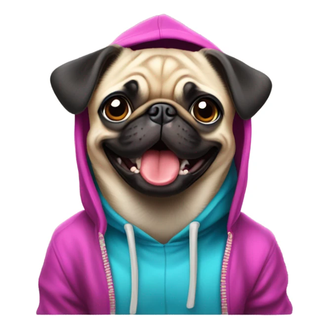 Dog (pug) wearing a hoodie smiling sticker