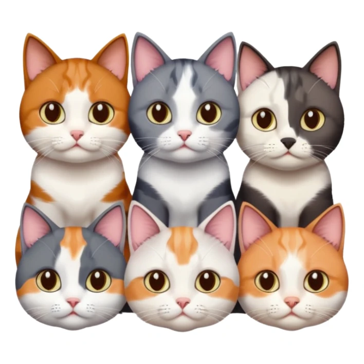 5 different coloured short haired cats including; a dark brown and white cat, and a dark grey and white, and a calico sticker