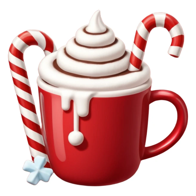 hot chocolete with marshmallows in red christmas mug and candy cane sticker