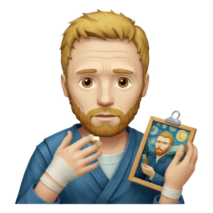 van gogh paints on a canvas. On his right he has a bandage sticker