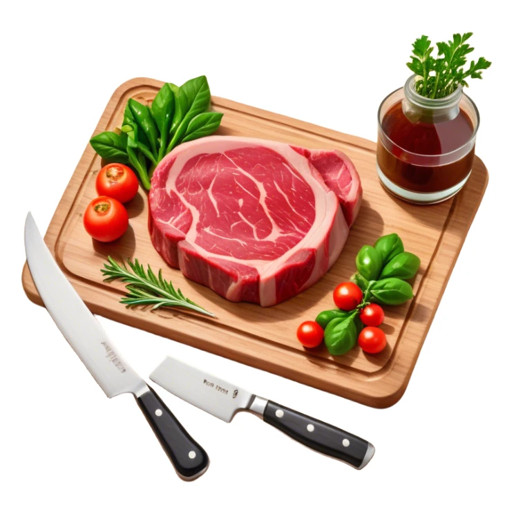 A photorealistic icon featuring a chef's hat, a cutting board with fresh ingredients, a knife, a plate with a well-plated dish, and a beautiful ribeye beef steak. Bright, detailed design with realistic textures and lighting. Transparent background, clearly symbolizing cooking and culinary arts. sticker