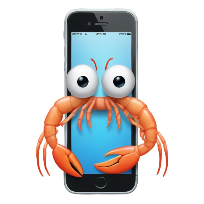 a shrimp holding an iphone with the name sebastian on it sticker