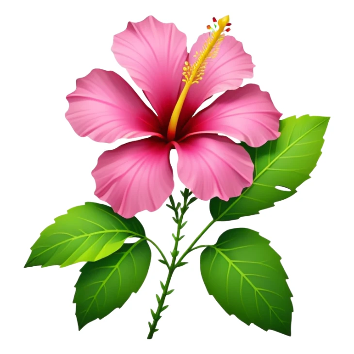 Rare tropical vivid yellow, pink, red, single Hibiscus flower, hyper realistic. Must have three green leaves. Clean thin lines, smooth appearance, no emoji icons, no background, isolated, rendering. sticker