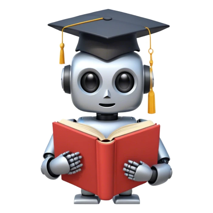 non-anthropomorphic robot reading a big book with graduation head sticker