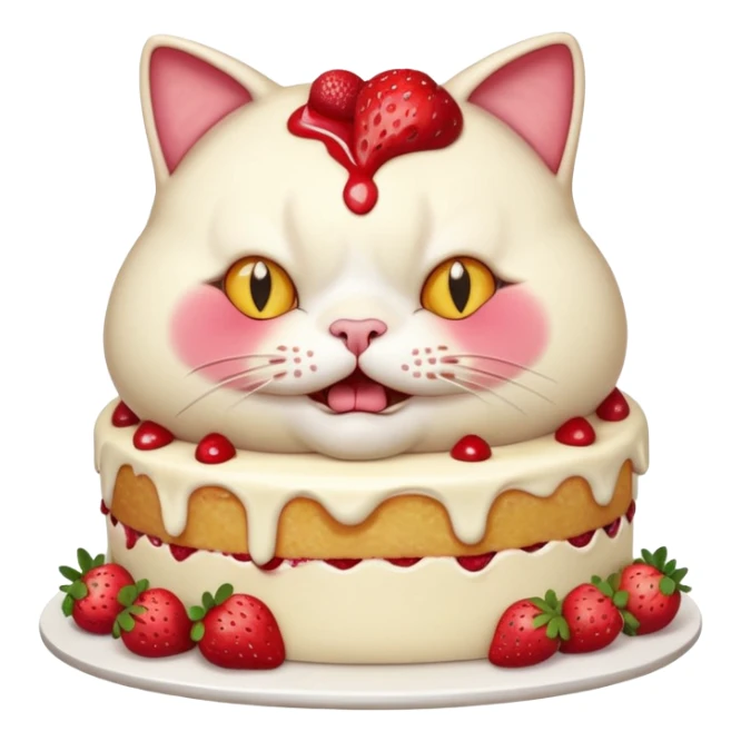 A chubby cat aggressively eating a giant strawberry cake, cream all over its face, exaggerated expression, vibrant colors, cartoon style, playful and humorous mood
, sticker