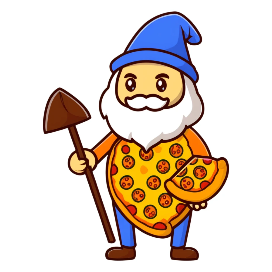 pizza wizard with wooden staff and blue hat sticker