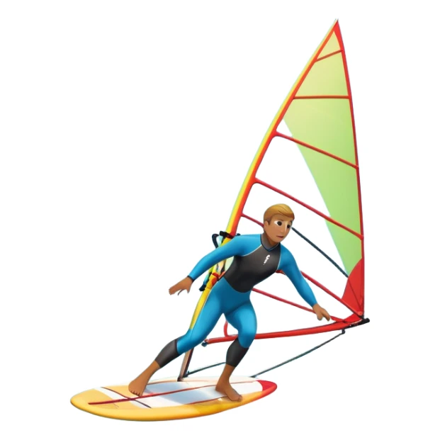 A windsurfer gliding across the ocean, with a vibrant sail catching the wind. The scene captures the motion of the board riding the ocean waves, surrounded by the bright blue sky and ocean, symbolizing the excitement and skill required in the sport of windsurfing. sticker