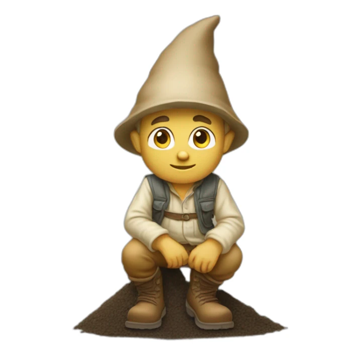 side view of gnome with light tan pants and light tan boots squatting in front of small dirt pile sticker