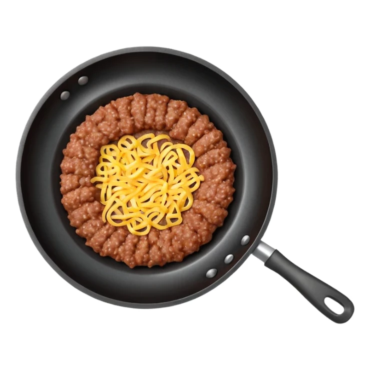 A 3D cartoon frying pan with minced meat being cooked, top view, realistic texture, Memoji-style. sticker