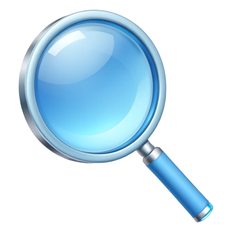 A 3D rendered magnifying glass, tilted right, frosted glass lens, glowing blue light, subtle shadows, purple background, high detail, cinematic lighting, app icon style sticker