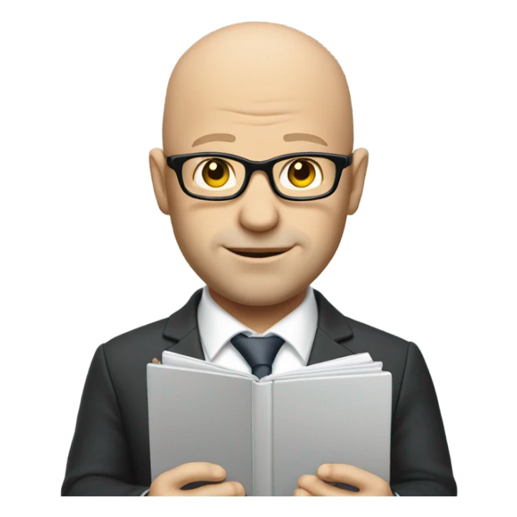 Bald white man with glasses wearing a suit holding a laptop sticker