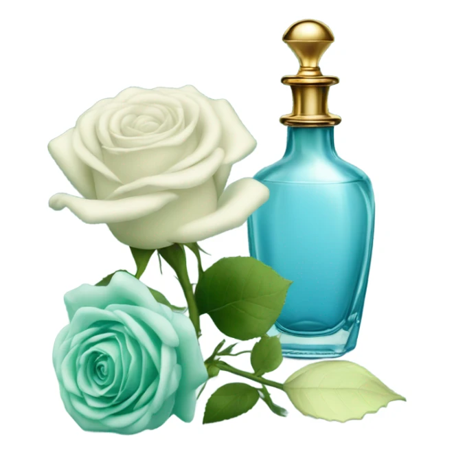 Aesthetic composition of soft blue roses with a vintage-style green  perfume bottle.
 sticker