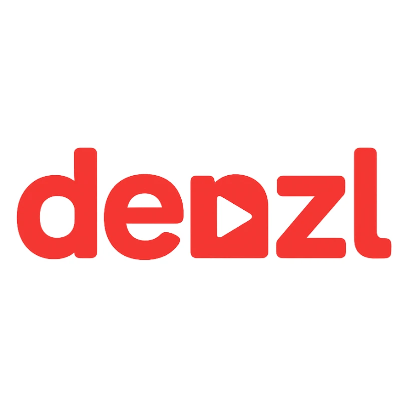 'denzl' logo with YouTube style, rounded font, red play button as part of the design, minimal and recognizable sticker