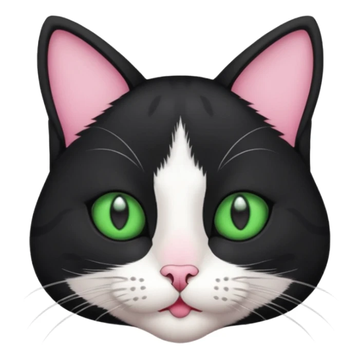 a cat with green eyes, lines on his head but he is black and has white paws and a white neck and mouth fur and nose is pink sticker