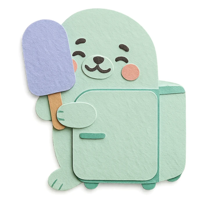 cute seal shaped like a tiny refrigerator, hugging a popsicle, blushing, soft mint colors, full-body sticker