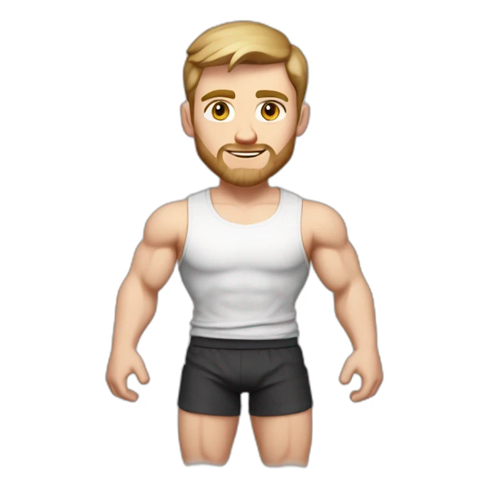 Full height Pale skinned fit man With biceps, Realistic eyes and mouth, light brown hair and stubble In dark gray sleeveless mike, black oversize sports shorts, watch and white sneakers. sticker