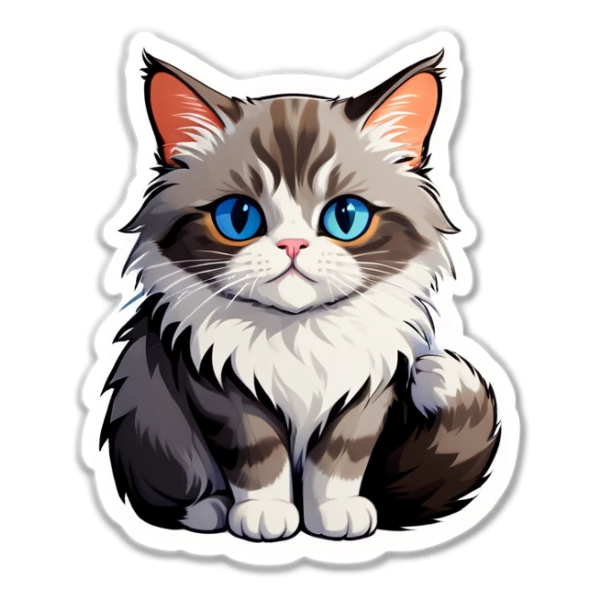 Grey fluffy cat oranges eyes and white-beige cat blue eyes cuddling sticker