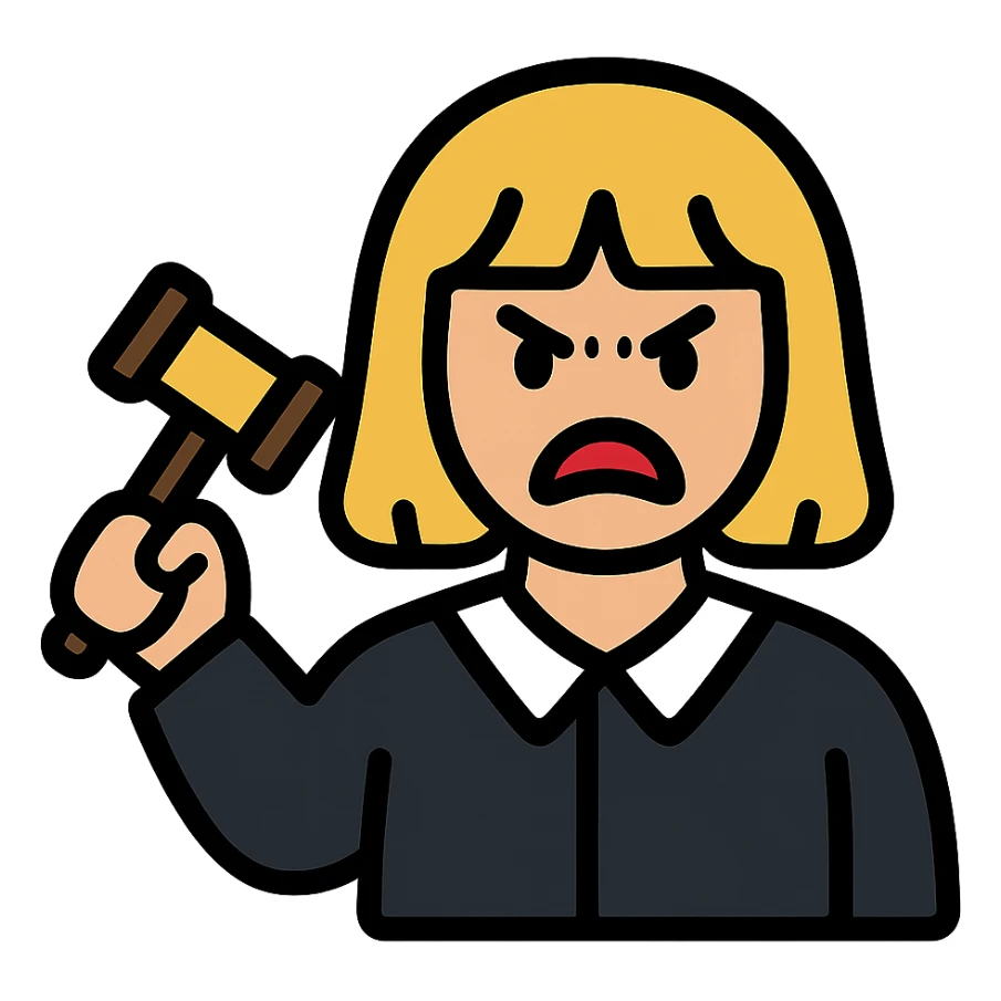 angry judge with blonde shoulder-length hair and bangs sticker