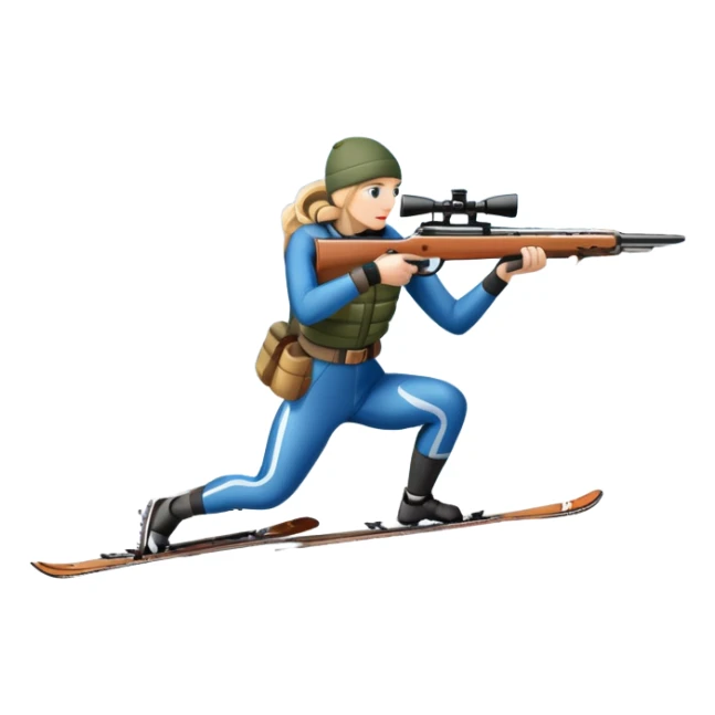 An icon showing a snowy landscape with pine trees, mountains, and a clear sky with a biathlete aiming a rifle in the foreground, wearing winter gear and skis. Transparent background emphasizes the precision, endurance, and beauty of this winter sport. sticker