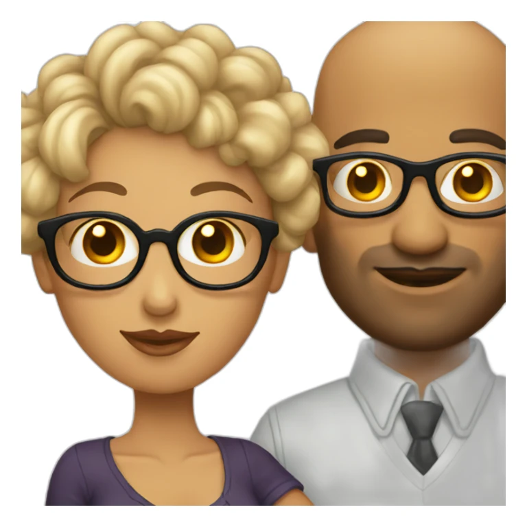 Bald man with tattoos and curly-haired lady wearing glasses sticker
