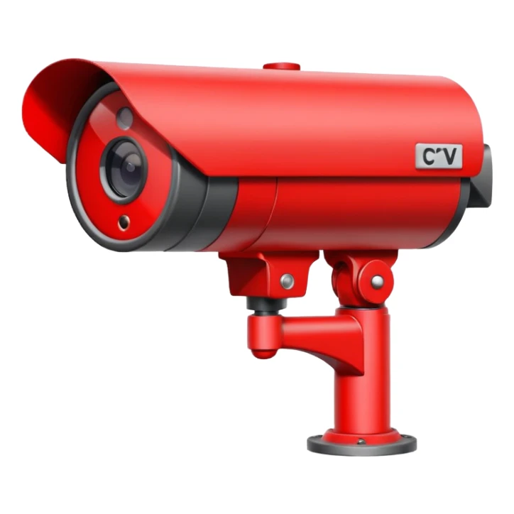 Minimalist emoji-style sticker of a CCTV camera with a glowing red record light, facing forward. Flat icon, grayscale with small red accent.
 sticker