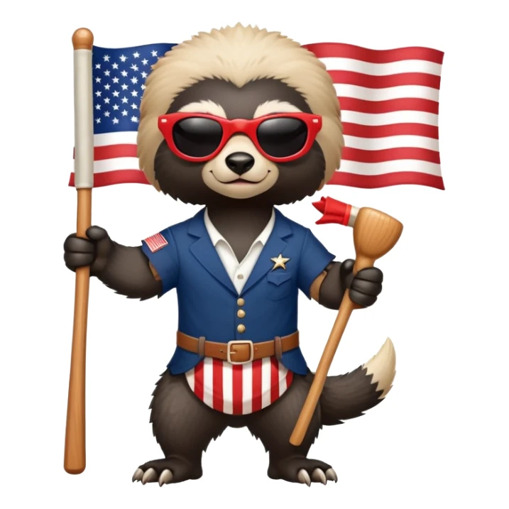 friendly anthropomorphised honey badger in USA Independence Day outfit, wearing sunglasses, holding a club, ready stance sticker