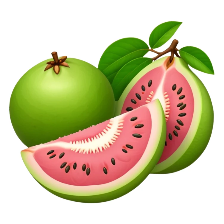 Sliced guava showing pink flesh and small seeds inside sticker