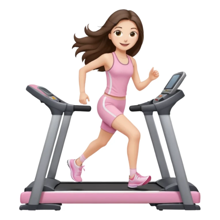 happy long haired brunette girl hazel eyes in light pink walking on treadmill  sticker