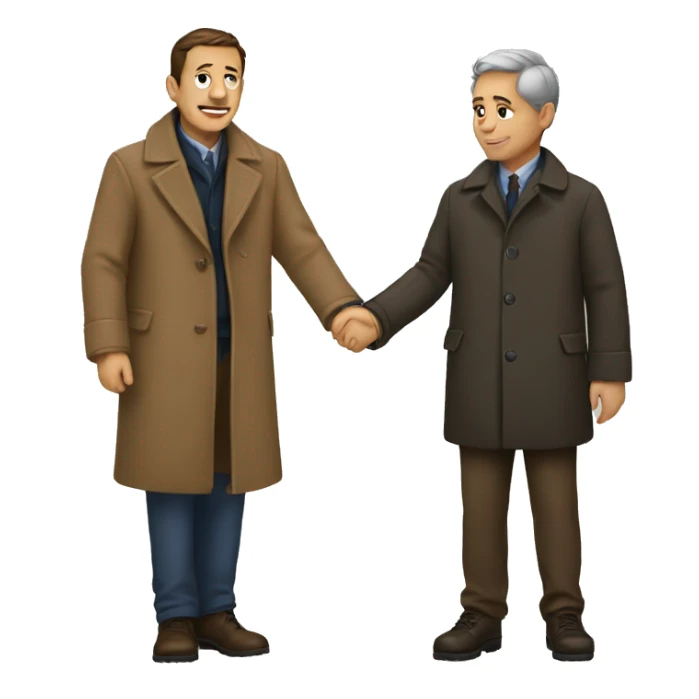 a man in a coat holds a child's hand sticker