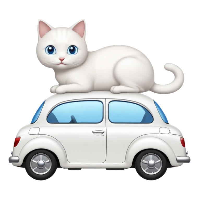 Please create a small emoji the size of 🚗 featuring a pure white cat with blue eyes on a white saloon car viewed from side. Again it is necessary that the emoji must be extremely small, much smaller than a standard sized sticker. sticker