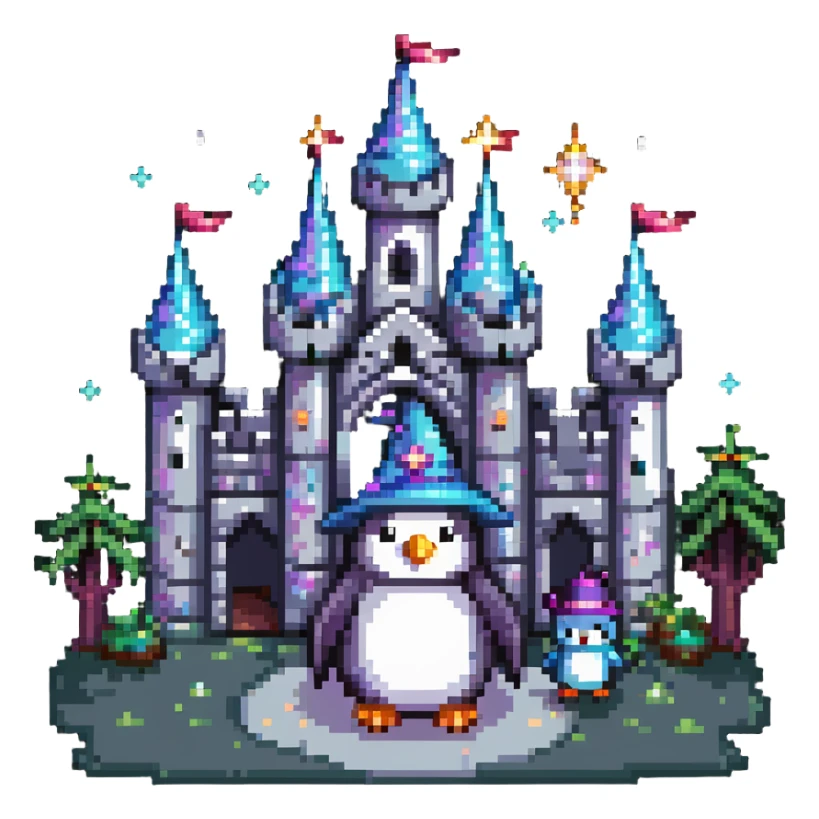 penguin wizard with magical sparkles, a unicorn, fairy, and tiny goblin companion in a pixelated fantasy world with a castle sticker