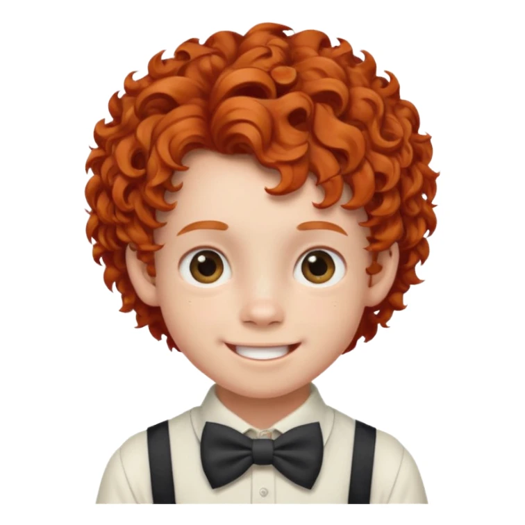 redhead kid with unique face features and very curly hair kid boy happy and braces on teeth, wearing a bow on head on hair just one bow sticker