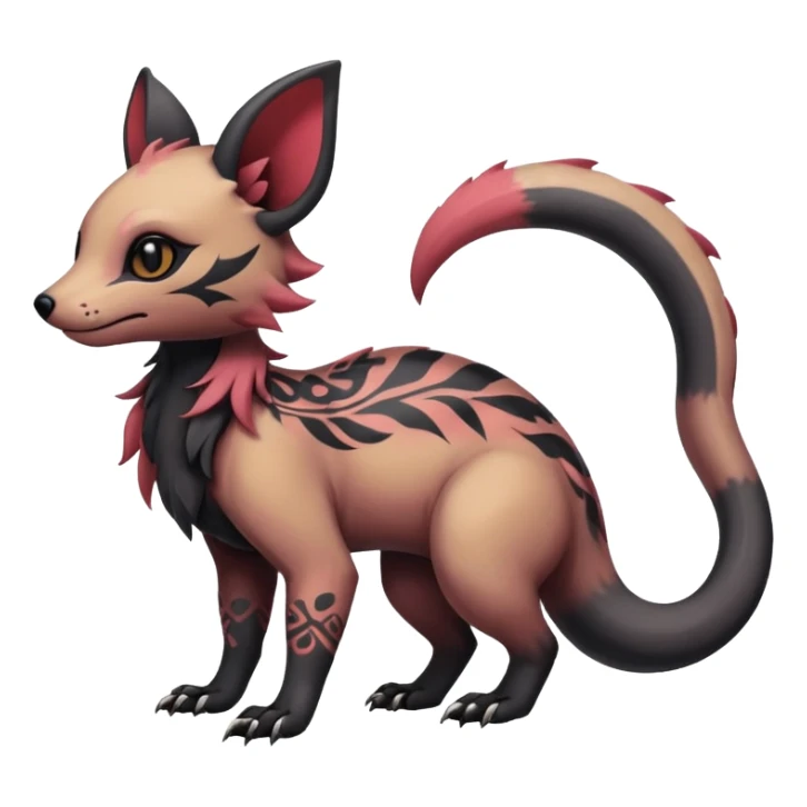 Rare warm-colored exotic cute epic aesthetic gothic colorful Salandit-Eevee-Civet-species-Fakemon-hybrid-creature, with intricate tattoo markings, full body sticker